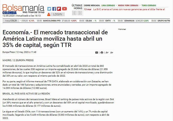 Economa.- El mercado transaccional de Amrica Latina moviliza hasta abril un 35% de capital, segn TTR
